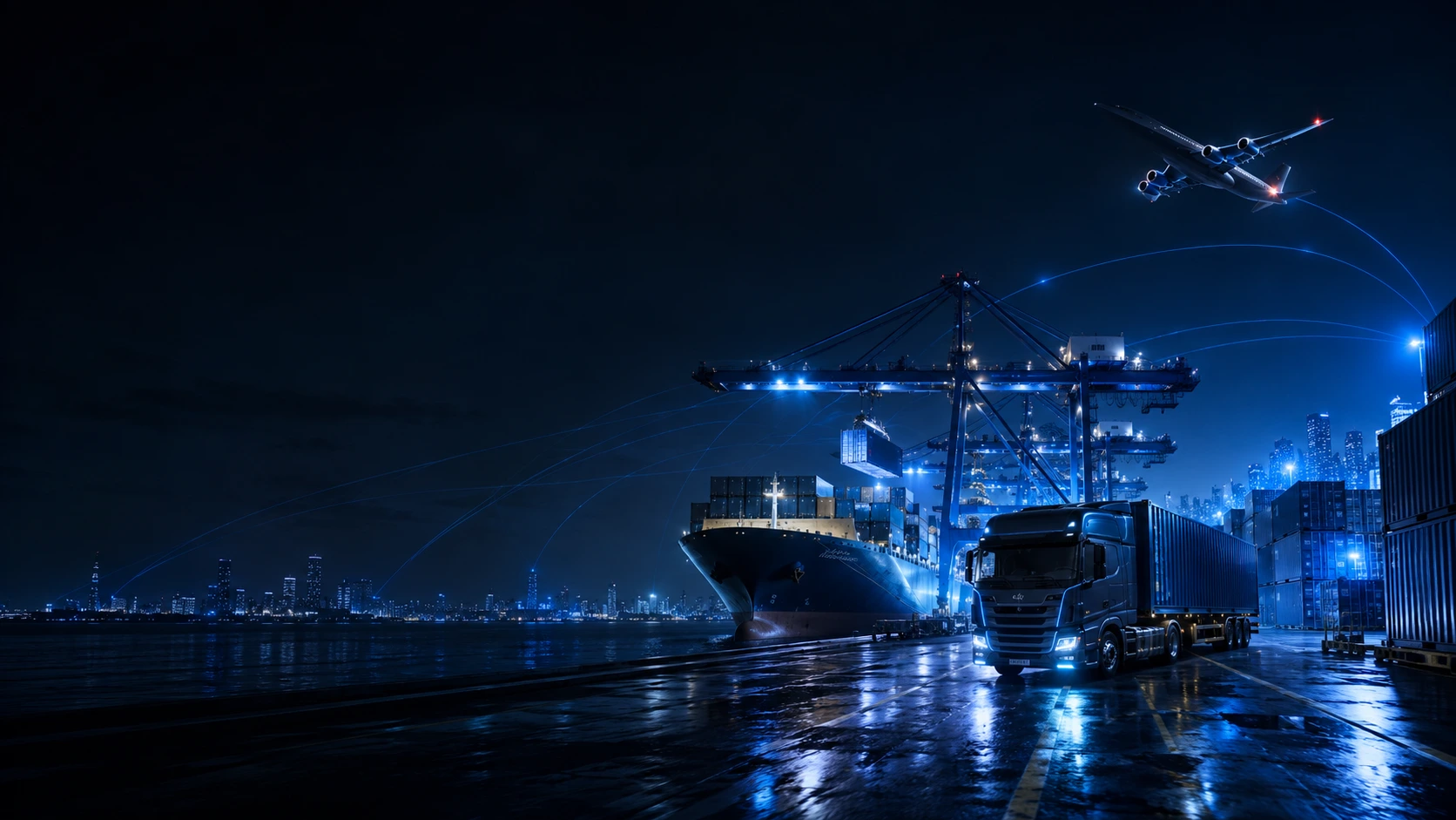Global polymer freight at a port at night — a cargo container ship, freight truck and cargo aircraft linked by glowing logistics routes connecting Europe and Asia
