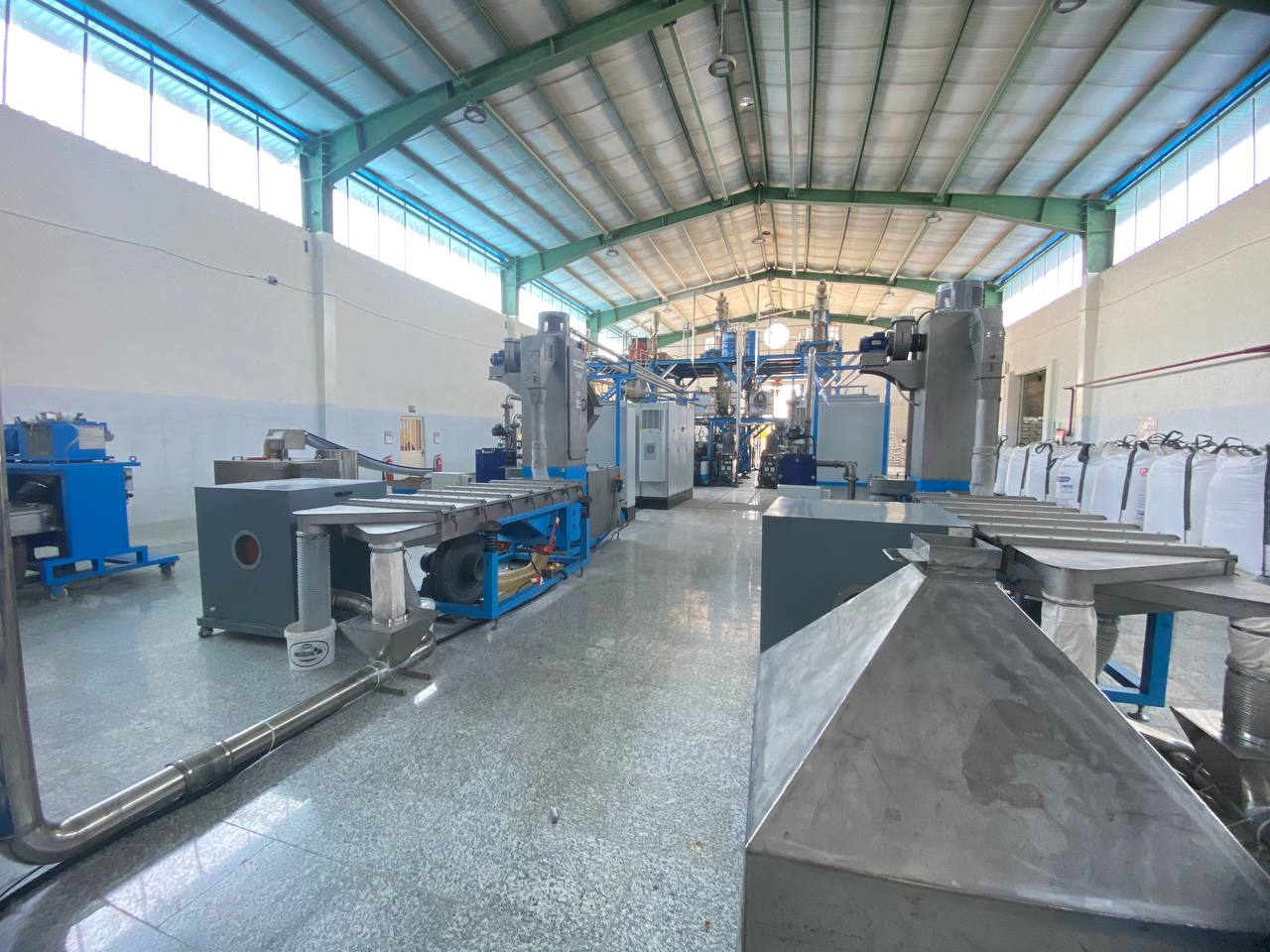 Pelletizing and classifying area of the hall, big-bags staged along the wall