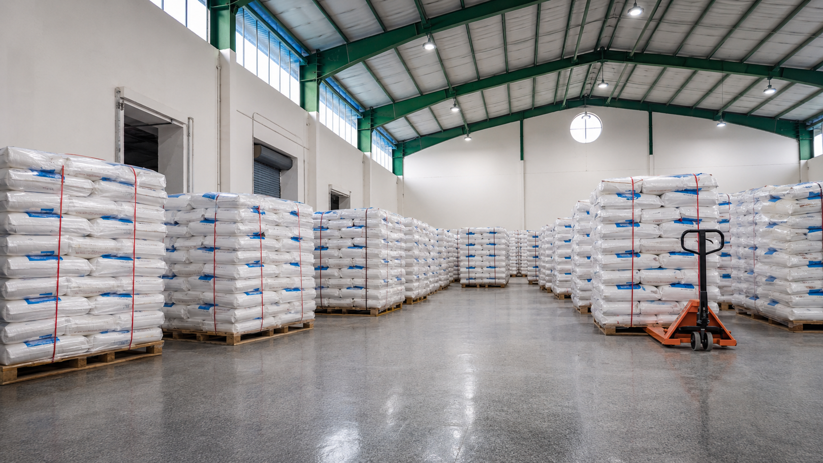 Palletized polymer resin sacks stacked in the Polyazin warehouse, ready for worldwide dispatch